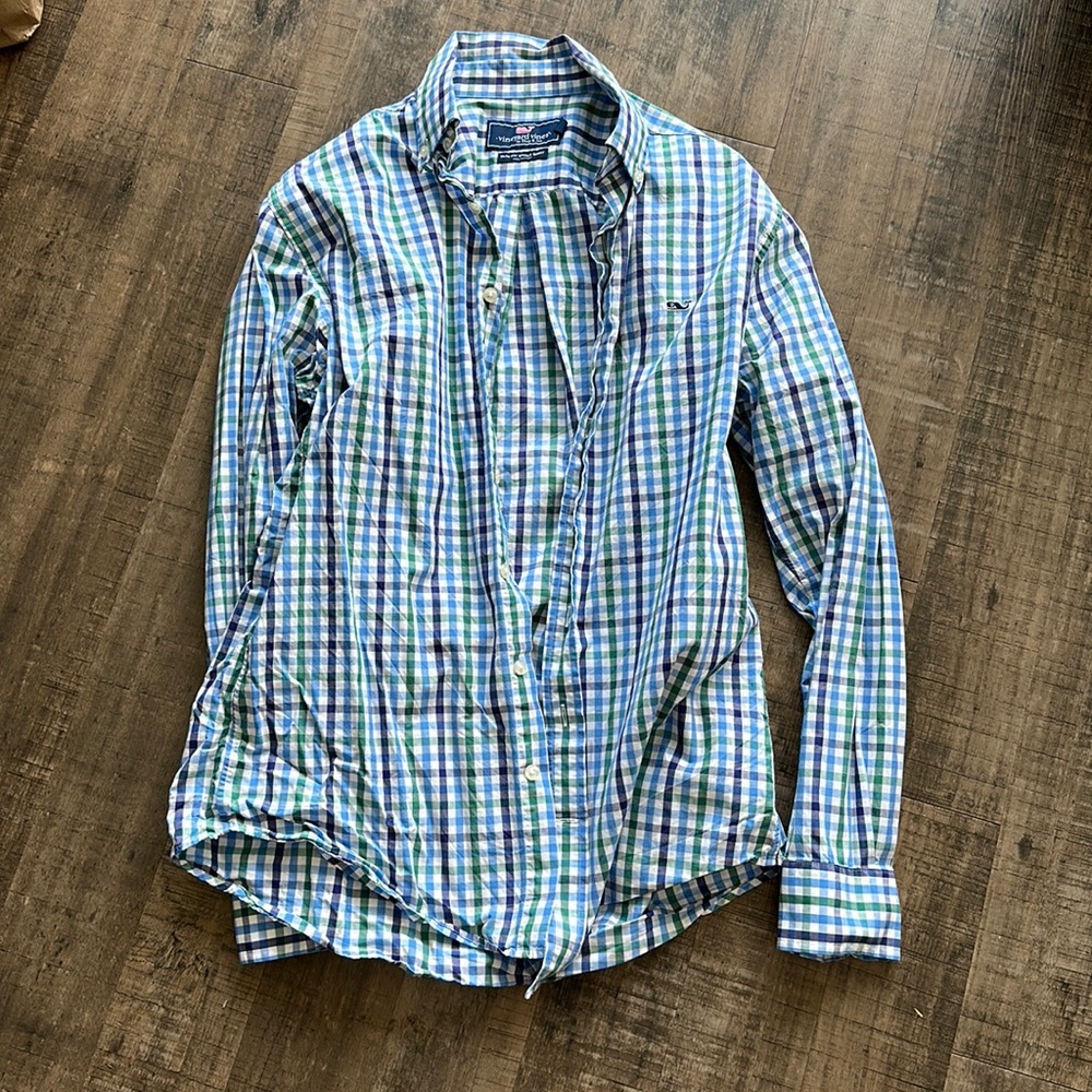 Mens Vineyard vines green blue white whale shirt
